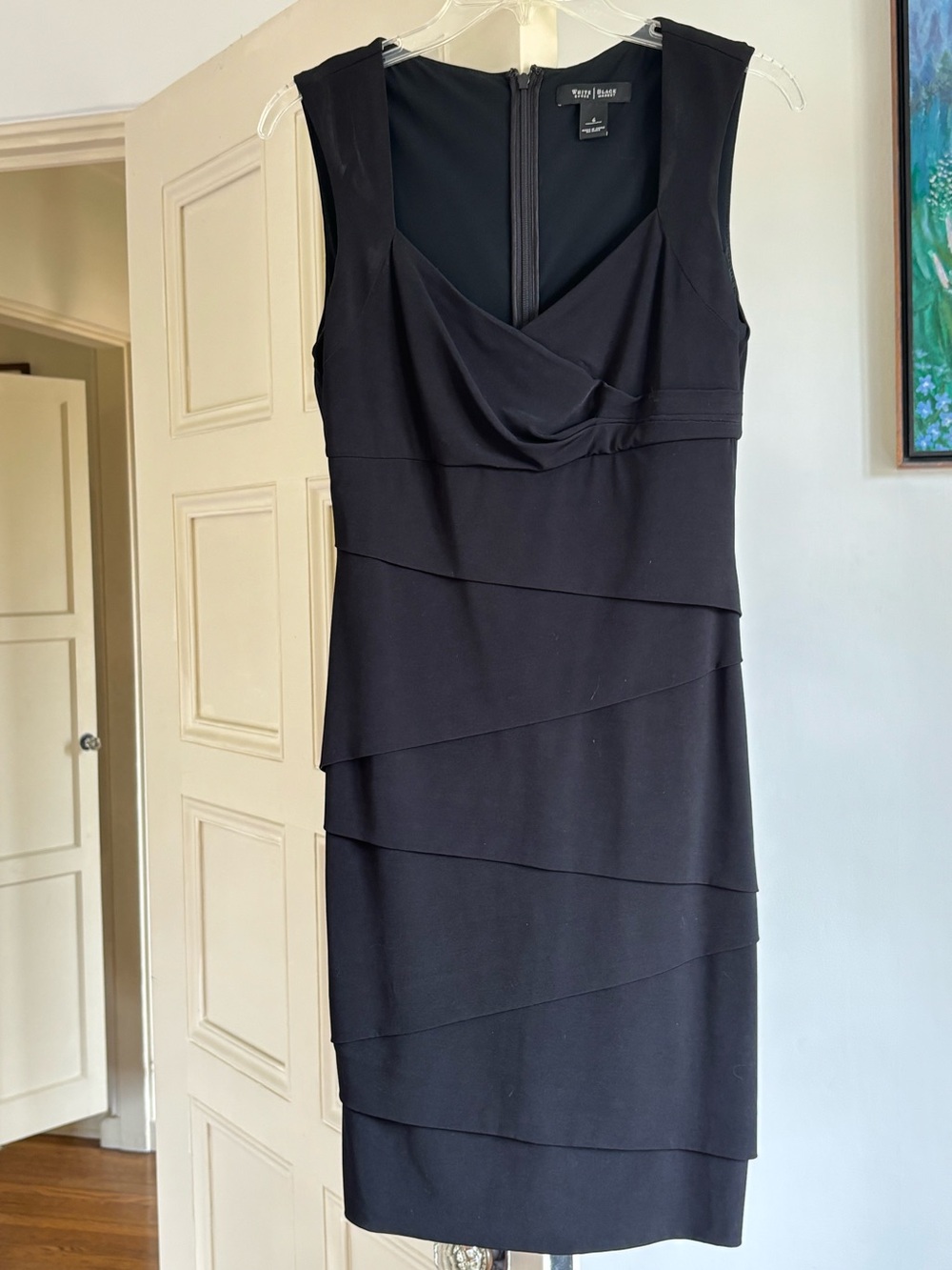 White House Black Market Black Sleeveless Tiered Sheath Dress with Draped Bodice